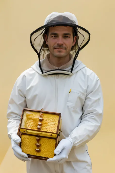 A realistic image of a beekeeper man with a yellow background. The beekeeper wears a white protective suit, gloves and a hat with a veil. They are holding a honeycomb frame and honey jar and bees are buzzing around them.