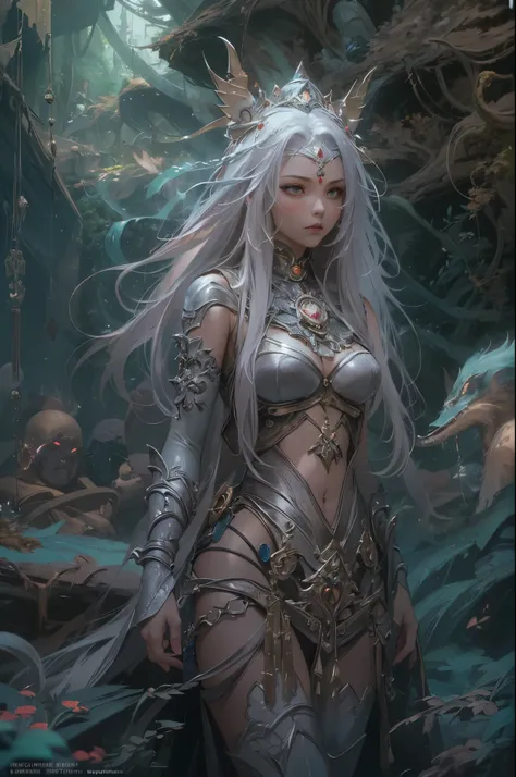 (by Greg Rutkowski: 1.2), (masterpiece), ((best quality)), extremely delicate and beautiful, illustration, (fantasy landscape), A mesmerizing fantasy with enchanting elements blending seamlessly. ((1girl, Asura Goddess, Buddhist elements, long silver hair,...