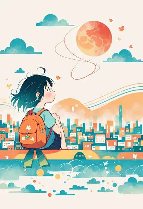 Stand on the rooftop，Girl with backpack on rooftop，The backpack is filled with happy spring，Simple lines，Minimalism，abstraction，City background