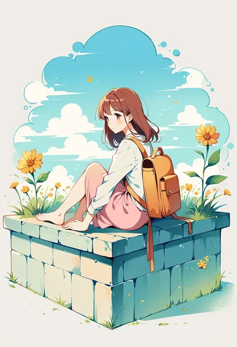 Stand on the rooftop，Girl with backpack on rooftop，The backpack is filled with happy spring，Simple lines，Minimalism，abstraction，City background