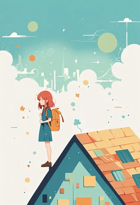 Stand on the rooftop，Girl with backpack on rooftop，The backpack is filled with happy spring，Simple lines，Minimalism，abstraction，City background