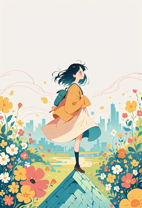 Stand on the rooftop，Girl with backpack on rooftop，The backpack is filled with happy spring，Simple lines，Minimalism，abstraction，City background