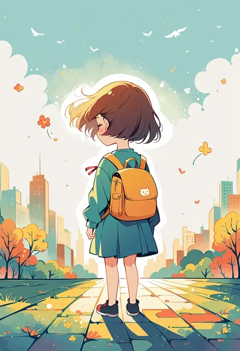 Stand on the rooftop，Girl with backpack on rooftop，The backpack is filled with happy spring，Simple lines，Minimalism，abstraction，City background