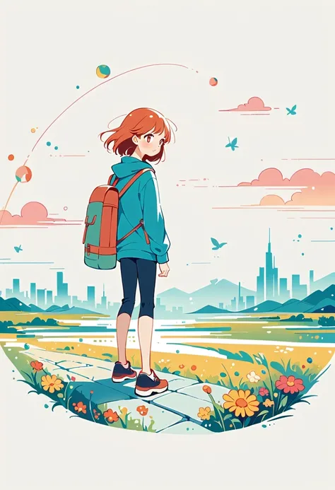 Stand on the rooftop，Girl with backpack on rooftop，The backpack is filled with happy spring，Simple lines，Minimalism，abstraction，City background