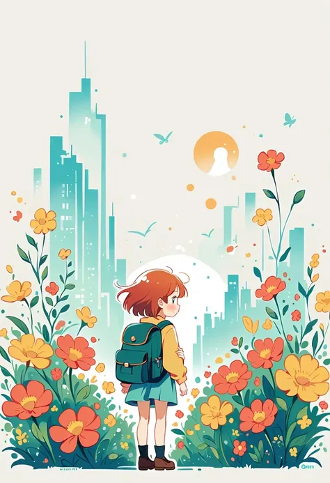 Stand on the rooftop，Girl with backpack on rooftop，The backpack is filled with happy spring，Simple lines，Minimalism，abstraction，City background