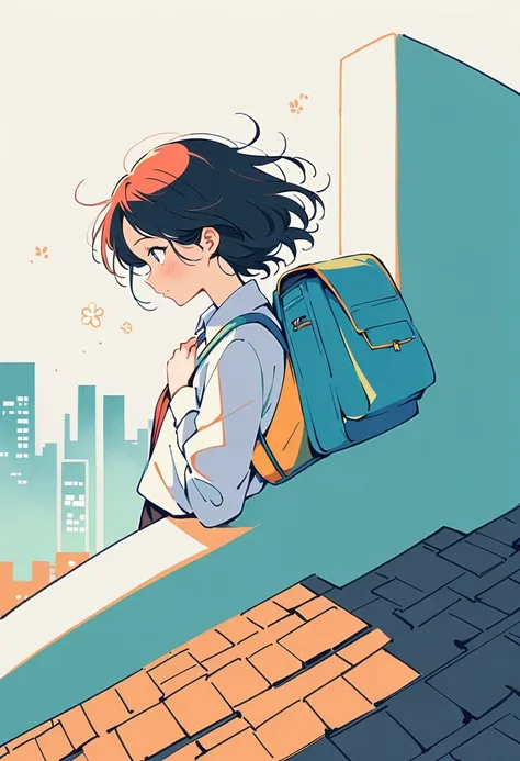 Stand on the rooftop，Girl with backpack on rooftop，The backpack is filled with happy spring，Simple lines，Minimalism，abstraction，City background