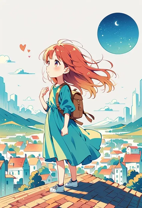 Stand on the rooftop，Girl with backpack on rooftop，The backpack is filled with happy spring，Simple lines，Minimalism，abstraction，City background