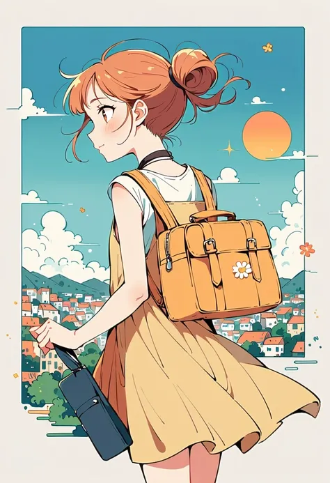 Stand on the rooftop，Girl with backpack on rooftop，The backpack is filled with happy spring，Simple lines，Minimalism，abstraction，City background