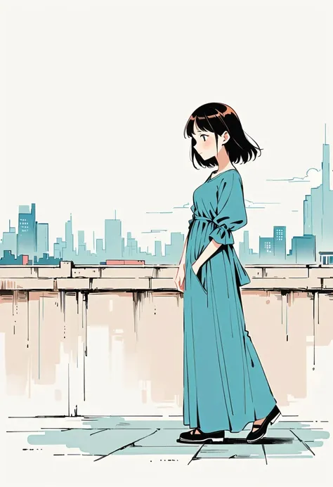 Stand on the rooftop，Girl on the rooftop，Simple lines，Minimalism，abstraction，City background