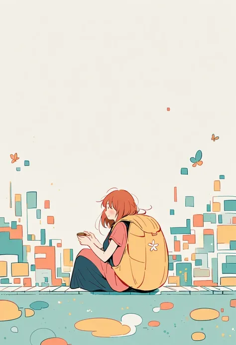 Stand on the rooftop，Girl with backpack on rooftop，The backpack is filled with happy spring，Simple lines，Minimalism，abstraction，City background