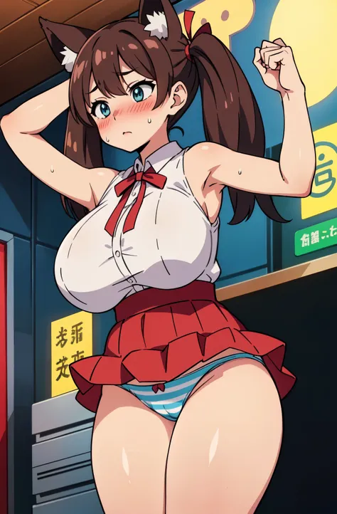 ((Table t○p, highest quality, Hi-Res Lucifer,Anime Screen Capture、Perfect Pixel, 4K、nsfw)))、Perfect Anatomy、(((Huge breasts、Wide Hips、Wide ass、Thick thighs)))、Sweat, (((Skirt Lift、White Shirt、Red mini skirt、blue striped panties))),(Blue colored eyes)、((Lon...