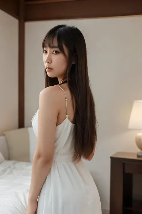 RAW photo, best quality, ultra high resolution, photorealistic asian woman, natural brown eyes, minutely detailed, normal skin, Hairstyle and bangs, long hair, full view, natural makeup, subtle makeup, beautiful dress, full body