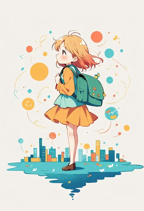 Standing on the tongue of heaven，Girl with backpack on rooftop，The backpack is filled with happy spring，Simple lines，Minimalism，abstraction，City background