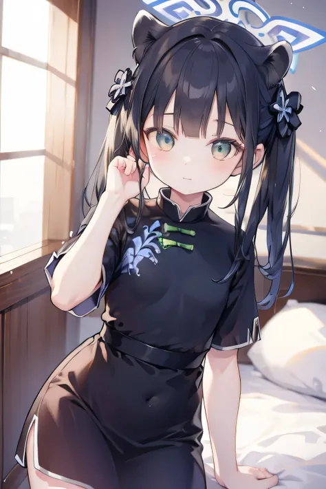 shunny, halo, animal ears, flat chest, twintails, chinese clothes, short sleeves, open door, 8k resolutions, bedroom, smallgirl, realistic eyes, idle pose, super happy, upper body