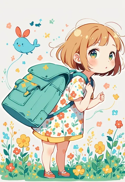 Girl with backpack on rooftop，The backpack is filled with happy spring，Simple lines，Minimalism，abstraction，Lots of white space