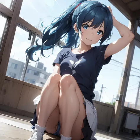 a matter of fact, daytime, sunlight, 1 woman, 8K resolution, ponytail, blue hair,  blue eyes, glowing eyes, white short skirt, Blush, track field, sunlight, Strapless shirt, Wet from the rain, seethrough, Sit with your knees raised, Spread your legs, M leg...