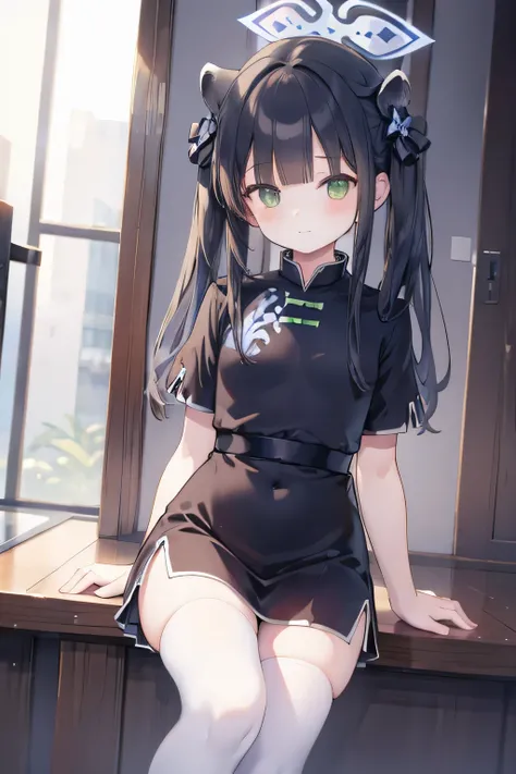 shunny, halo, animal ears, flat chest, twintails, chinese clothes, short sleeves, white thighhighs, shoes, 8k resolutions, in park, smallgirl, realistic eyes, idle pose, super happy