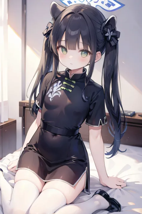 shunny, halo, animal ears, flat chest, twintails, chinese clothes, short sleeves, white thighhighs, shoes, 8k resolutions, bedroom, smallgirl, realistic eyes, m-pose, super happy