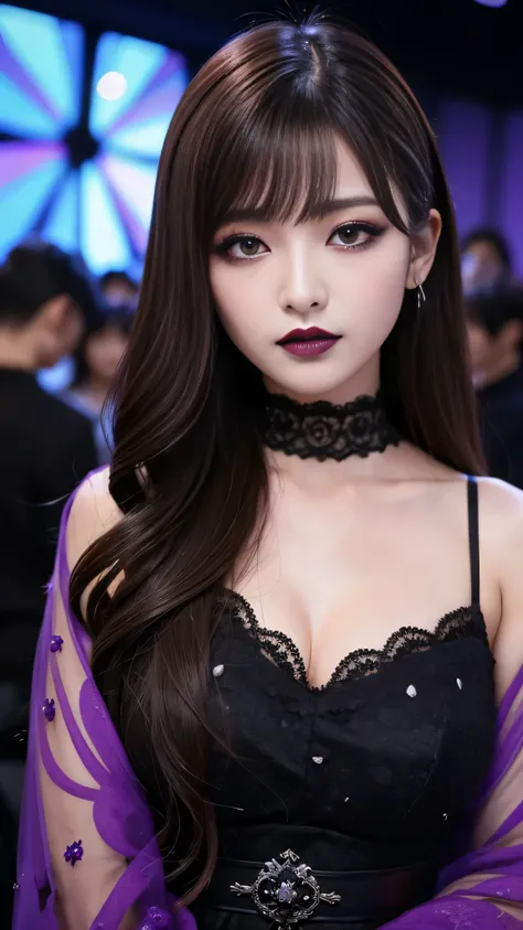 tra-detailed、Japanese、Attractive beauty、seductive adult woman、Pretty Woman、cool girl、brown hair、long wavy hair、swept bangs、piercing eyes、hollow eyes、half-closed eyes、Hollow Eyes、Purple Eyeshadow、black lipstick、black lip gloss、dark makeup、smirk、Evil express...