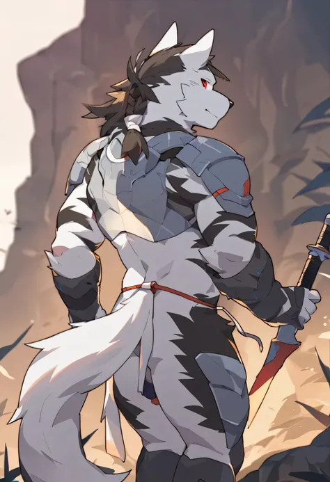 sword in one hand，a view of back，head turn，zixiong，cliff，the setting sun，solo,male_focus，wolf，white body，standing，detailed eyes，red eyes，detailed fur，the forest under the cliff，silver full body armor，half black ears，the body with black stripes，loincloth，mu...