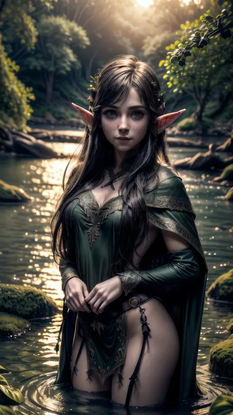 (masterpiece), (extremely intricate:1.3), (realistic), female, 19 years old, ((([small breasts:large breasts:0.6], ((portrait, closeup, closeup, closeup, elven, elf, black ribbons)), standing in lagoon, short undercut shaved [dark hair:blonde hair:0.6]), c...