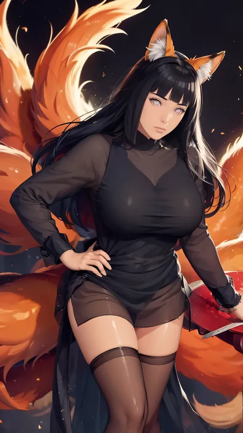 （（（完美figure，figure，（（（A giant fox stands behind a woman，White skin，kurama,Pommeled Horse, abdominal muscles, red eyes, animal ears, body hair, colored sclera, fox ears, fox girl, fox tail, hairy, hairy female, fox, multiple tails, muscular, navel, orange f...