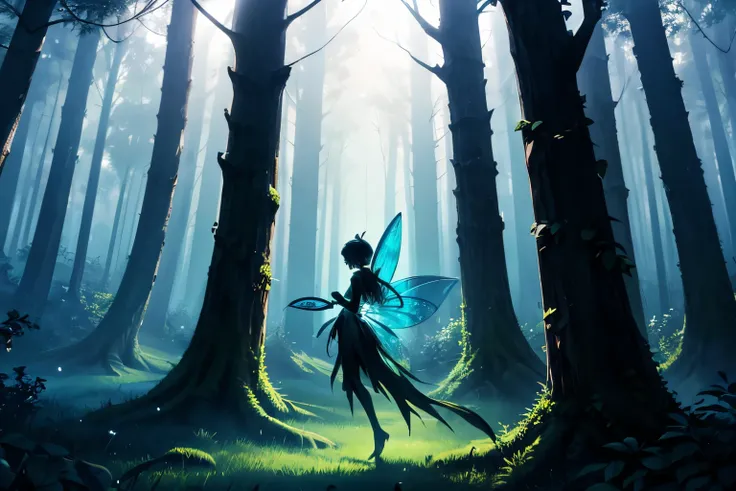 silhouette art, A forest made of emerald gems, a fantastic atmosphere, and listen to the whispers of the forest, (fairy shadow silhouette:1.3), perfect hand:1.2, masterpiece, 32k,