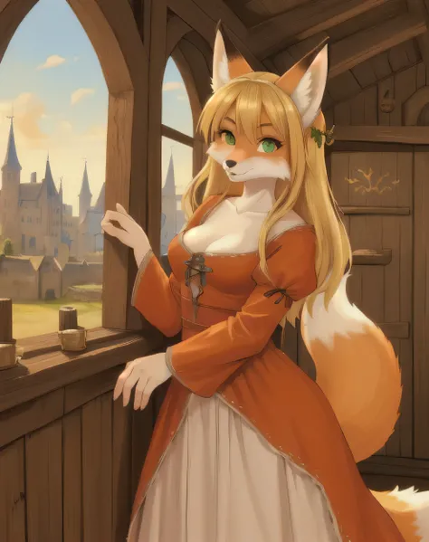 1girl, (Feminine), curvy body, solo, masterpiece, medieval party, scenery, (female fox girl:1.2), ((entire body orange white fur)), ((Beautiful blonde hair)), green eyes, (wearing beautiful red medieval dress), ((high colors))