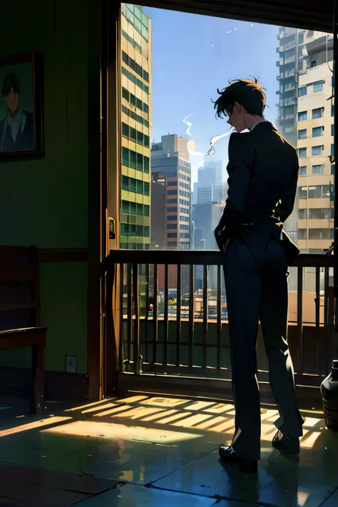 (best quality,ultra-detailed,realistic:1.37), humor,comic style,bold lines,high rise residential building, with wide angle lens, The room was bare, with no furniture or luggage, and the balcony had a balcony with silhouettes of buildings in the Shinjuku su...