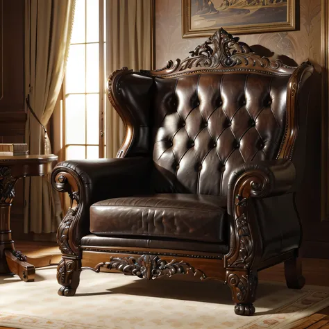 arafed leather chair with ornate carved arms and arms, elegant furniture, wood carved chair, luxury furniture, ornate furniture, armchairs, sitting on vintage leather sofa, features intricate detail, leather padding, furniture and decor, french provincial ...