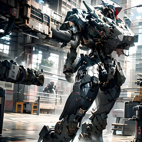 grey, Black Line, ((Humanoid robot)),Ruined buildings, null, Holding_arms, (((no_human))), Shine, ((Shine_Ruri-iro)), robot, building, ((Shine Red_eye)), Mecha, science_fiction, city, Realistic,Mecha, (((thick_body))), Large robot, 15 m, thick belly, Weigh...