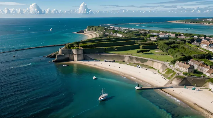 On voit la mer et des bateaux qui navigue sur la mer nous voyons également une île au loin.