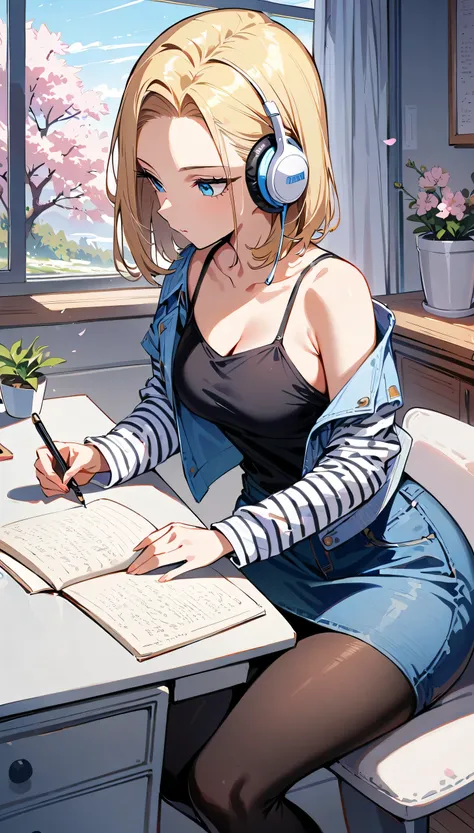 (masterpiece, best quality:1.2), 1girl, solo, Android 18 from Dragon Ball, slender figure, headphones, short blonde hair, blue eyes, earrings, jewelry, denim vest, black pantyhose, black fitted and cropped camisole, denim skirt, striped long sleeves, expos...