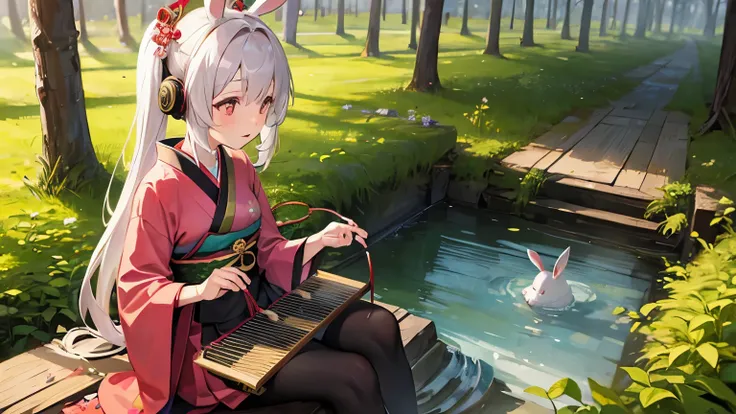 A rabbit girl playing koto in the forest, earphone, wearing kimono