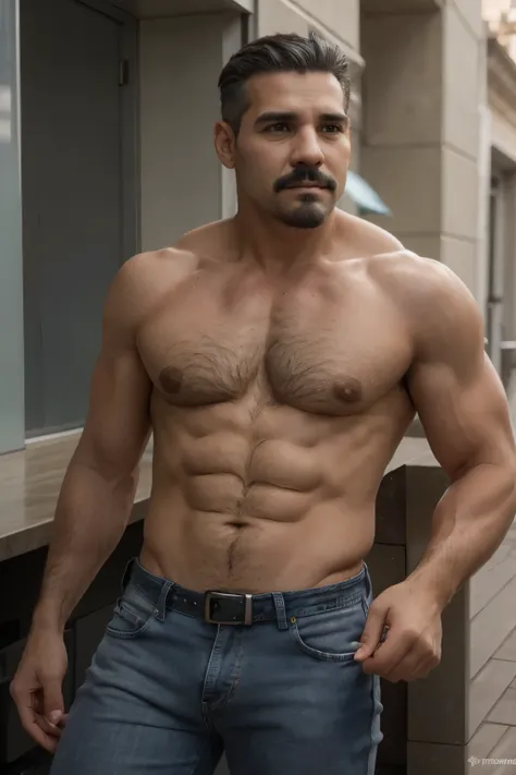 ultra detallado, 1 hombre, macho maduro, muscular, deportista, piel bronceada, latino, 36 years old, negro hair, gray fur, barbas de chivo, cabello demasiado cortado, serious expression, shirtless, cuerpo completo blue Jeans