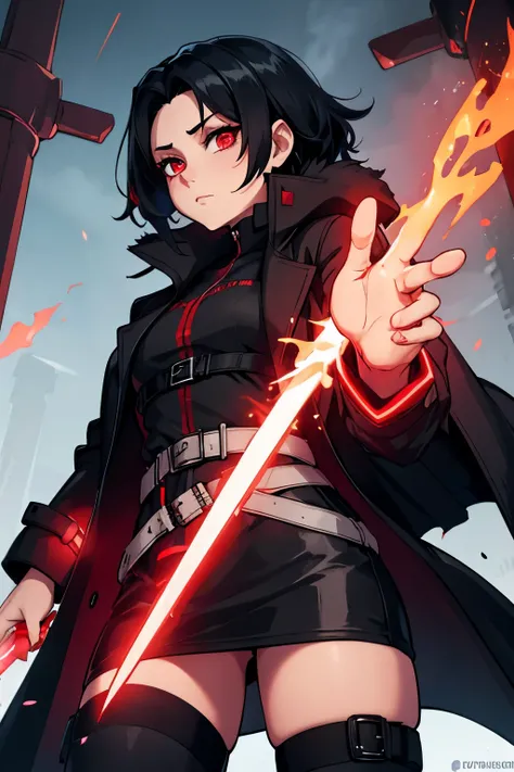 girl in a black trench coat, with bright red energy runes glowing on her skin and clothes, black hair, red eyes, red sword
