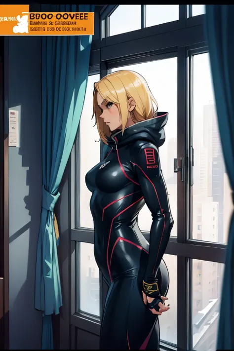 blonde girl with a hood, ninja, sexy tight suit, lost look, loneliness, window, looking at the window, comic style