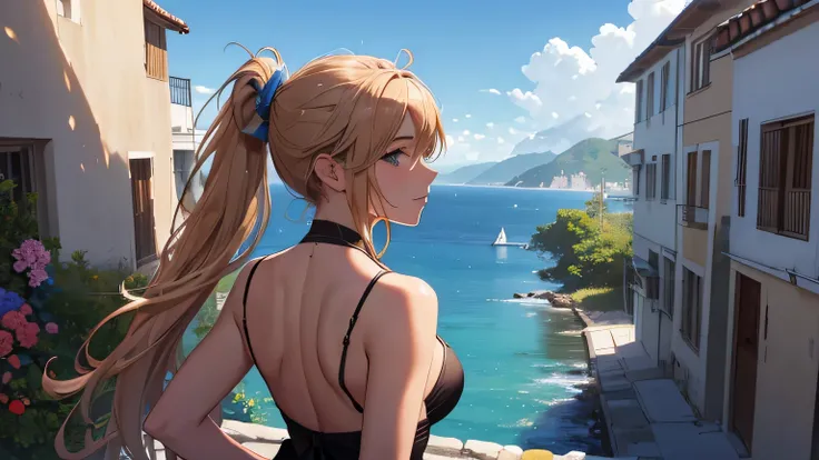 (8k, RAW foto, mejor calidad, (Obra maestra, super high quality, super detailed), Mappa anime style paisaje, chica joven, Absoluto, velas escarlatas, girl looking at the sea from the coast, camera looking at the sea, detalles intrincados, sailing ship with...