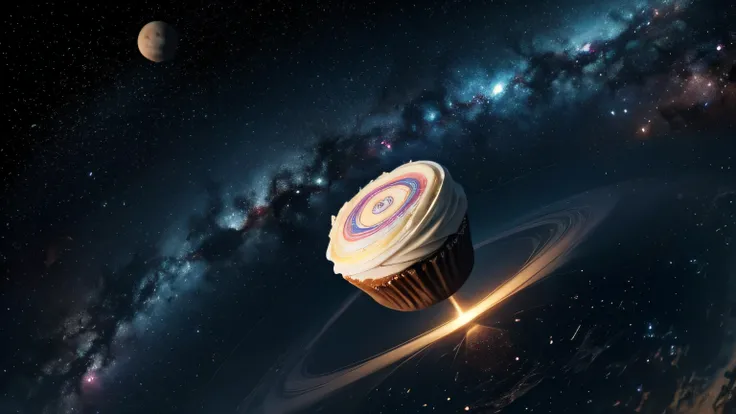 A cake floating in the vastness of space, surrounded by swirling galaxies and planets, as if it were the center of the universe.