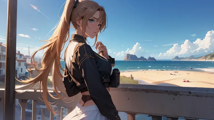 (8k, RAW foto, mejor calidad, (Obra maestra, super high quality, super detailed), Mappa anime style paisaje, chica joven, Absoluto, velas escarlatas, girl looking at the sea from the coast, camera looking at the sea, detalles intrincados, sailing ship with...