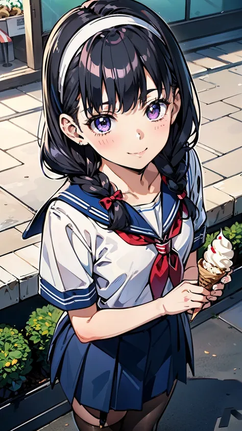 sailor uniform, sailor suit, one woman, (a beauty woman, delicate schoolgirl:1.3), 8K, highest quality, masterpiece, Very detailed, Ultra-high resolution, Realistic, RAW Photos, Absolute Resolution, Black Hair, Braided Hair, small face compared to body, ve...
