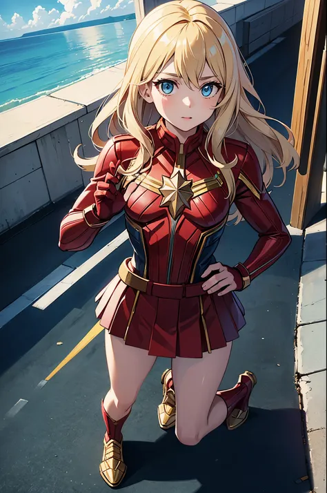 1 girl, masterpiece, childish farce, best quality, detailed eyes, shiny hair, light teal eyes, long hair, light blonde hair, small breasts, shiny skin, short girl, full body, straight hair, cosplaying as Captain Marvel, blue sky, flying above a city,
