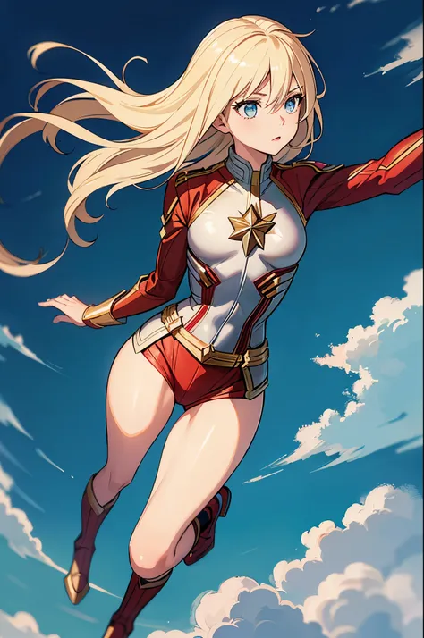 1 girl, masterpiece, childish farce, best quality, detailed eyes, shiny hair, light teal eyes, long hair, white blonde hair, small breasts, shiny skin, short girl, full body, straight hair, cosplaying as Captain Marvel, blue sky, flying above a city,
