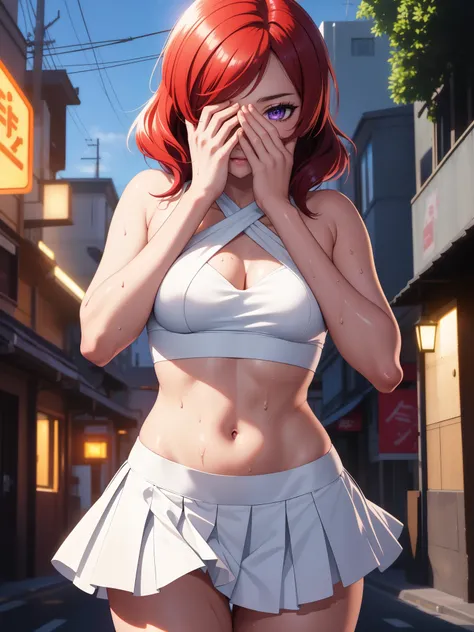 (Masterpiece, Best Quality, High Quality), volumetric lighting, illustration, beautiful, perfect lighting, perfect shadows,Nishikino maki , dynamic camera angle, solo, purple eyes ,red hair , small white skirt, crop top, halter neck, hands on eyes, coverin...