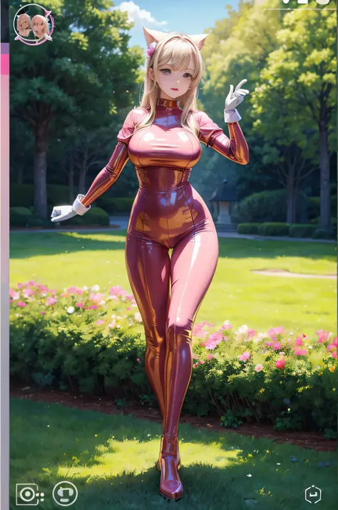 (((best quality))), (((masterpiece))), solo, super fine photo, full body picture Unreal Engine 5 8K UHD, beautiful girl, face detailed, wearing baby pink skin tight latex catsuit with gold lace, latex collar, baby pink latex gloves, baby pink latex long so...