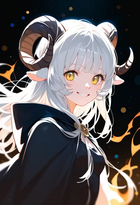 (score_9, score_8_up, score_7_up), 1girl, solo, (sheep horns, curled horns, black horns:1.2), (black sheep ears), white long hair, hime cut, long bangs, pale skin, yellow eyes, evil grin, large smile, :>, small breasts, standing, (hooded cloak, cultist clo...