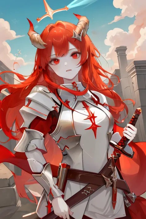 Girl with, fire red hair, angel wings, halo,sword,and horns