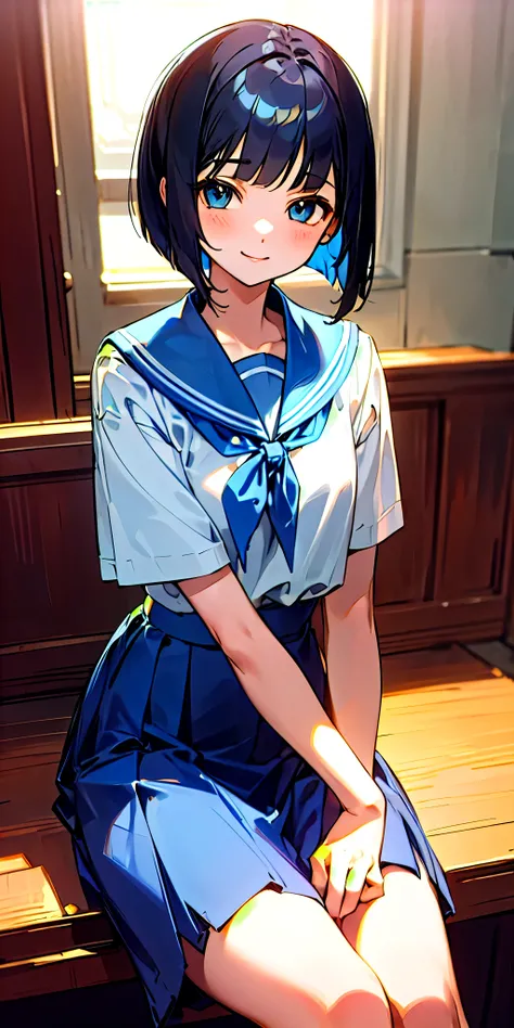 1 Girl、Shiny black hair、Short bob cut、gentle and calm expression、Delicate portrait、Student uniform、Sitting、Cowboy Shot、smile、Blue Skirt、indoor