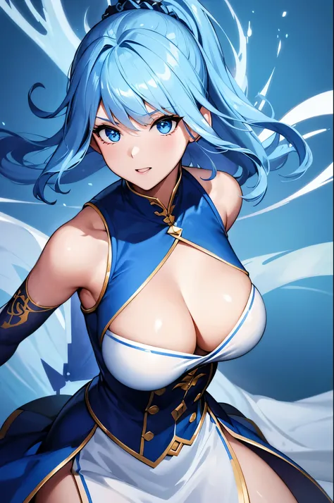 8k,Close-up of a woman in a blue and white dress,Blue Hair, so beautiful,(Like the real thing)blue eyes,ponytail,Pan Zhenwei Art Station、 Jean J..、 Detailed fantasy art、Amazing character art、 Fan Art Best Art Station、 Incredibly detailed character art、High...