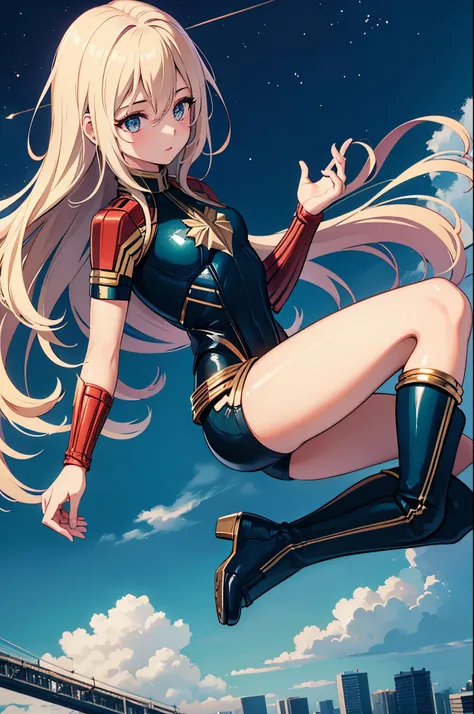  girl, masterpiece, childish farce, best quality, detailed eyes, shiny hair, light teal eyes, long hair, small breasts, shiny skin, short girl, full body, straight hair, cosplaying as Captain Marvel, blue sky, flying above a city,